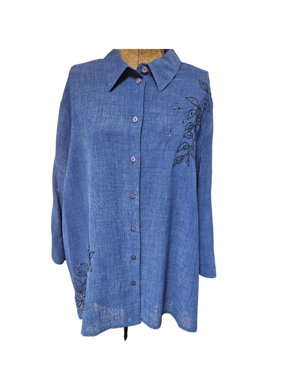 Allison Daley Blouse Womens 20W Blue Button Up Textured Tunic Top Black Designs